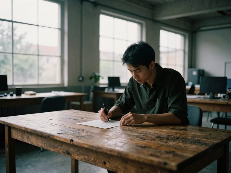 Moody editorial photography, hands collaborating over a physical product on a rustic wooden desk in a converted industrial office space, natural overcast daylight, 35mm film