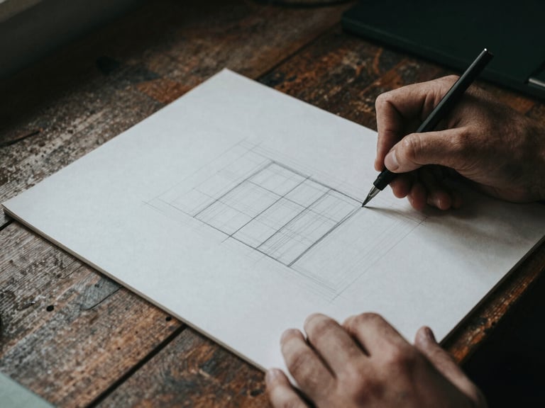 Hands sketching a wireframe layout on a heavy paper pad on an industrial wooden desk, moody natural light, high contrast.