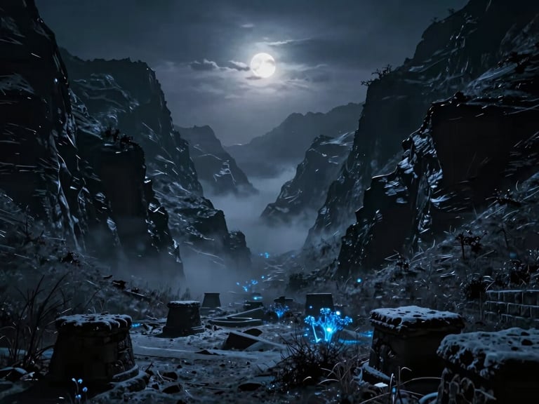 Deep, misty valley between two dark, imposing mountain ranges, faint blue bioluminescent flora glowing subtly, ancient stone structures half-buried in snow, low-key moonlight, dark cinematic fantasy photography, 35mm