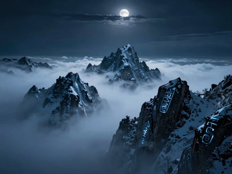 Jagged, snow-capped mountain peaks shrouded in thick, swirling mist under a dark, moonlit sky, hints of ancient glowing runes on the rock faces, cold blue tones, dark cinematic fantasy photography, 35mm