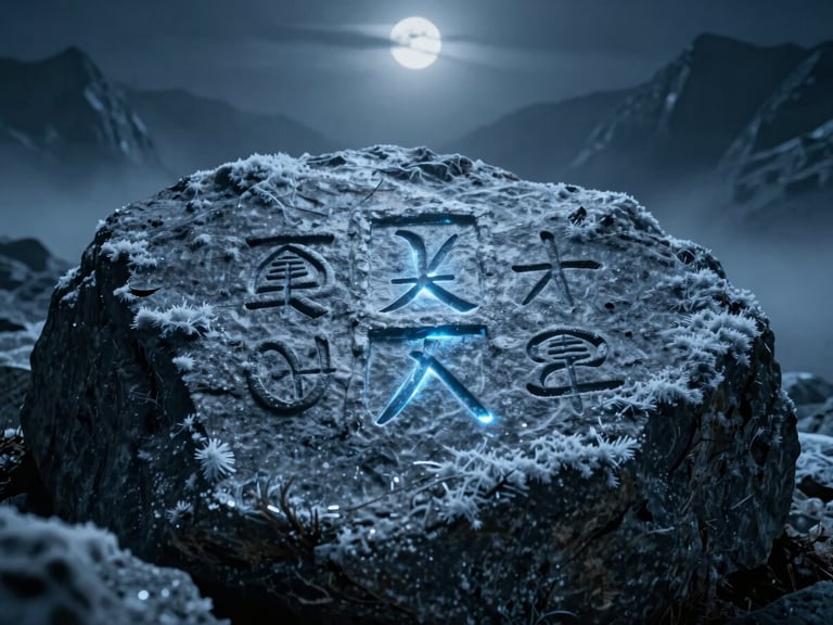Extreme close-up of ancient stone runes glowing with faint blue light on a frost-covered rock, atmospheric, dark cinematic fantasy photography, cold blue and silver tones