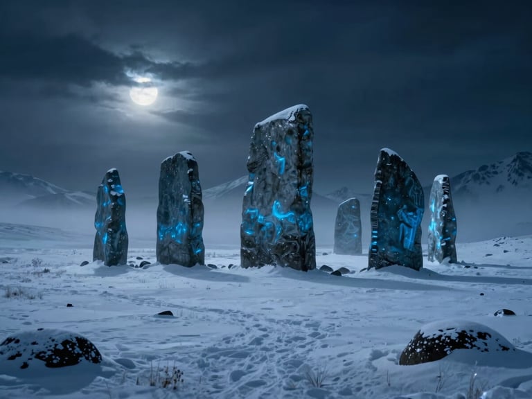 Wide shot of a desolate, snow-covered plain with colossal, glowing blue runestones standing sentinel, stormy sky overhead, subtle mist, cold blue and silver tones, dark cinematic fantasy photography, 35mm