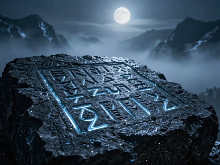 Close-up of an ancient, glowing runic inscription carved into dark stone, emitting a faint icy blue light, misty, dark cinematic fantasy photography.