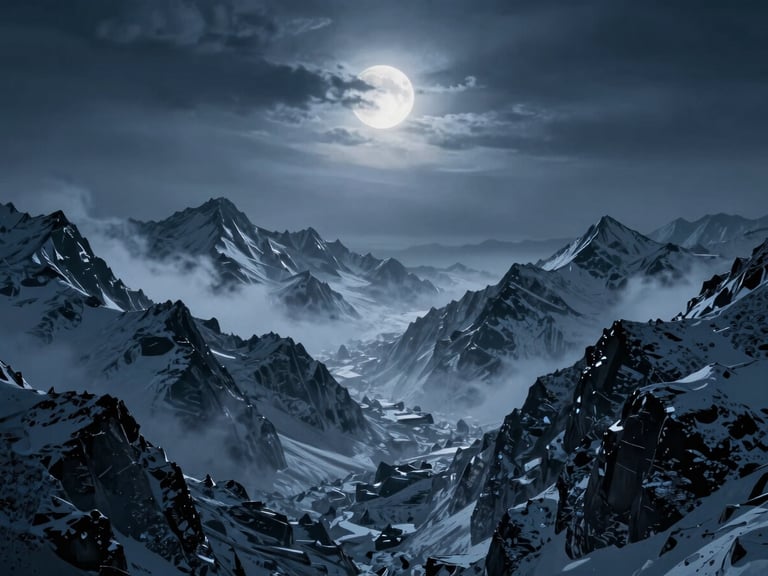 Wide panoramic shot of a frozen, jagged mountain range under a stormy, moonlit sky, with subtle mist, cold blue tones, epic scale, dark cinematic fantasy photography