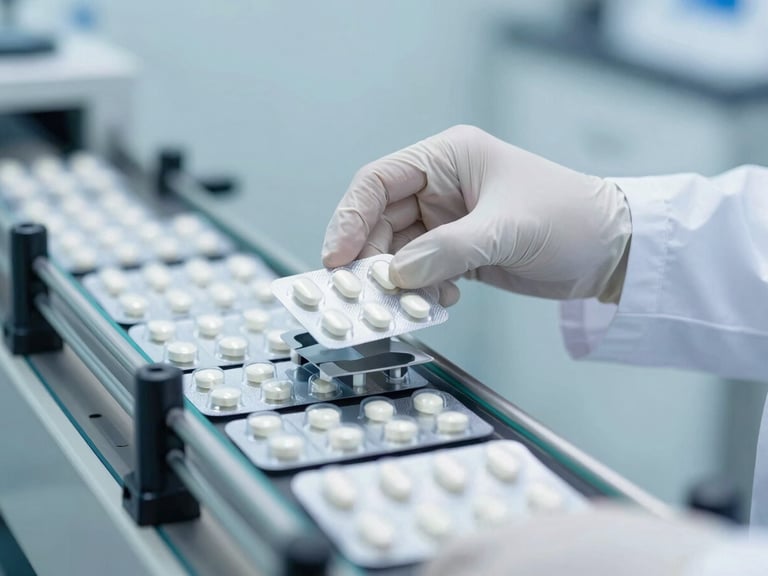 Close-up of a scientist in cleanroom attire inspecting pharmaceutical blister packs on a conveyer belt, cool, bright studio light, sharp macro focus, 35mm