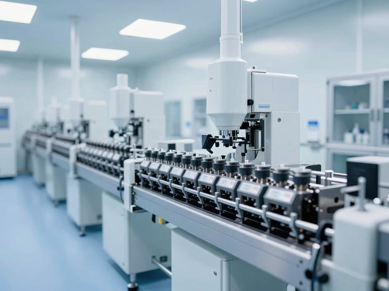 Automated pharmaceutical packaging line in a sterile, brightly lit cleanroom, blue and white tones, wide-angle architectural shot, 35mm