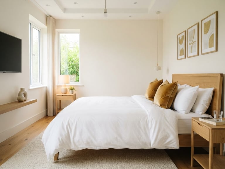 Bright modern guest house room interior, spotless white linens on a king bed, warm gold accent cushions, soft daylight from window, 35mm lens