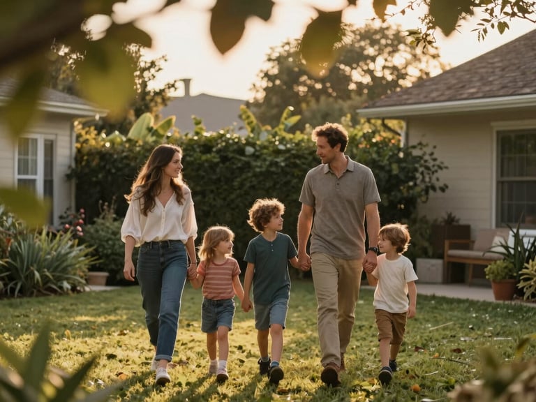 Medium shot through foreground leaves, a family of four walking together in a golden-hour backyard, parents holding children's hands, all looking at each other, warm backlit glow, candid and unhurried