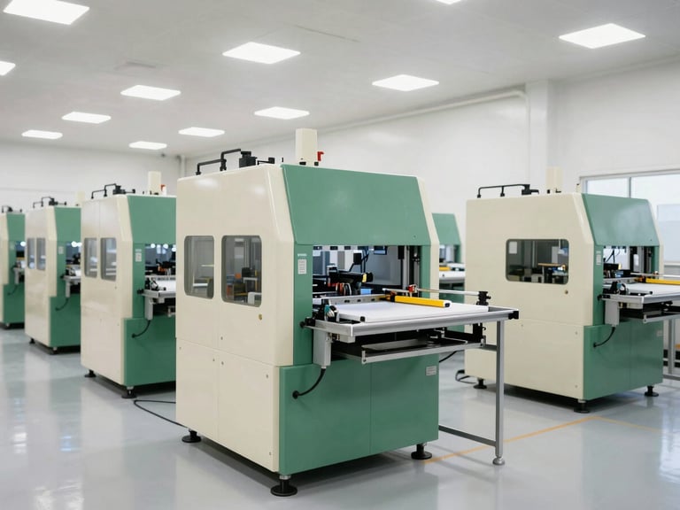 Wide-angle view of a clean, high-key industrial manufacturing floor with advanced machinery, illustrating the flow of materials, bright studio light, crisp industrial photography.