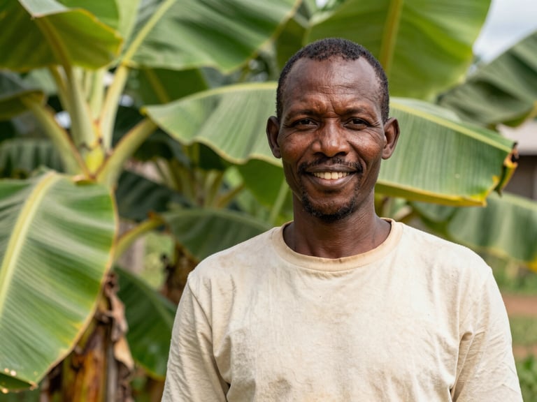 Honest, unposed portrait of a Southern African banana farmer in a bright, natural daylight setting, smiling, with banana pseudostems in the background, crisp industrial photography.