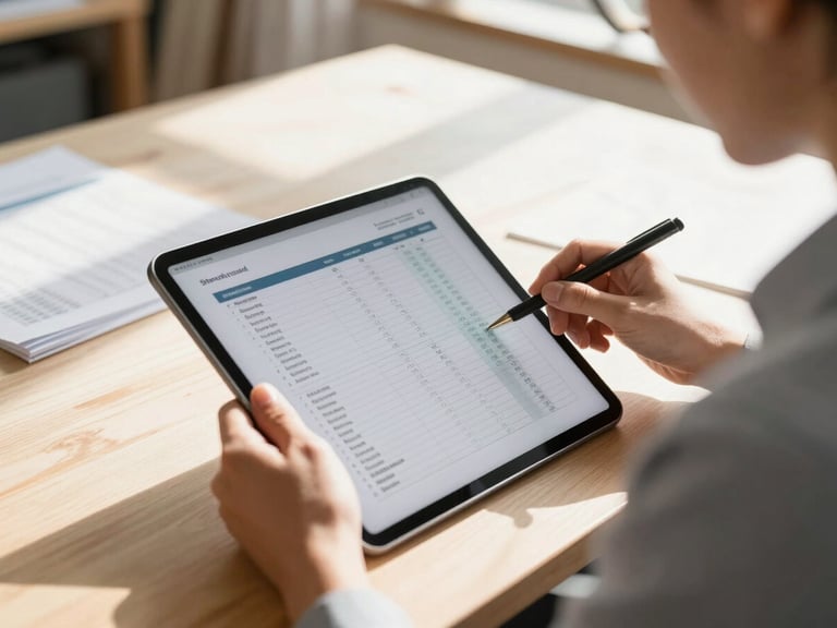 Over-the-shoulder view of a business owner reviewing financial spreadsheets on a tablet in a bright, sunlit artisan workshop, natural lighting, highly professional.