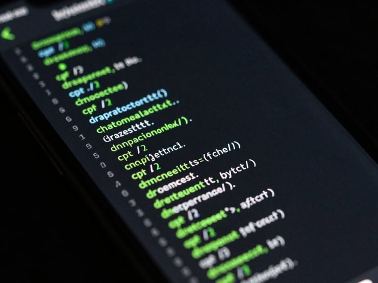 Macro shot of a high-resolution mobile screen displaying complex UI layout, sharp code lines, low-key dark-mode technical photography, neon green accents, 35mm lens.