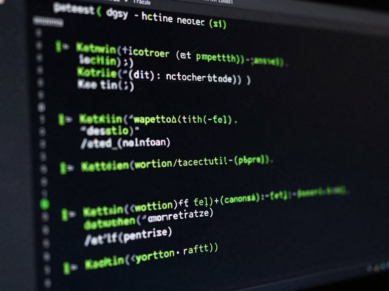 High-contrast macro photograph of lines of clean Kotlin code on a dark monitor, low-key studio lighting with sharp terminal green accents, 35mm lens.