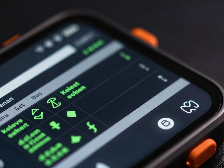 Macro photograph of a rugged mobile device screen showing complex data tables and live sync indicators, dark studio lighting, safety orange accents