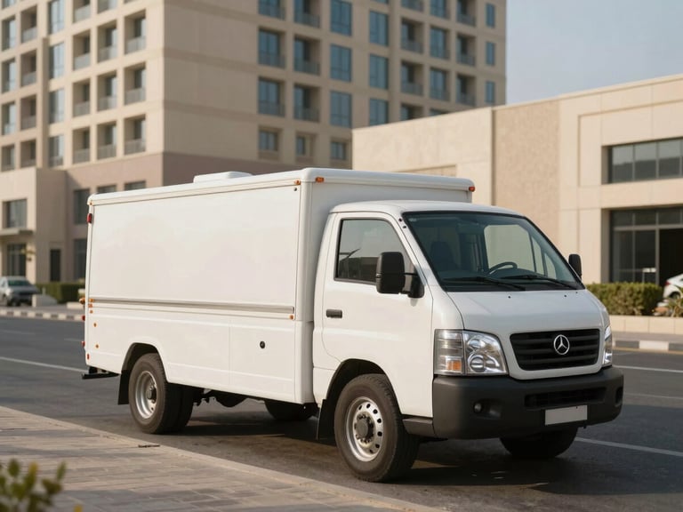Wide angle environmental photo of a clean white service vehicle parked outside the Al Satwa Building in Dubai, bright natural afternoon light, clear street context.