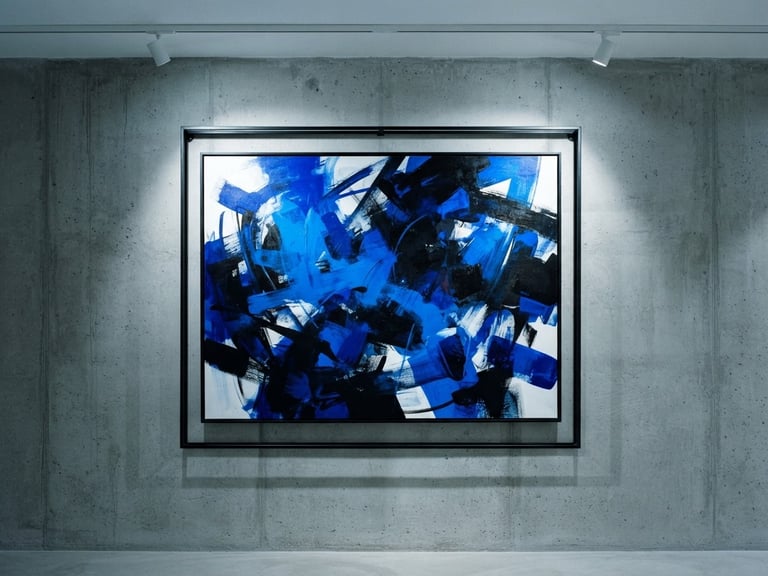 Sleek gallery photography of a large electric blue abstract print framed in a minimalist concrete gallery wall, cool studio lighting, sharp shadows, 35mm
