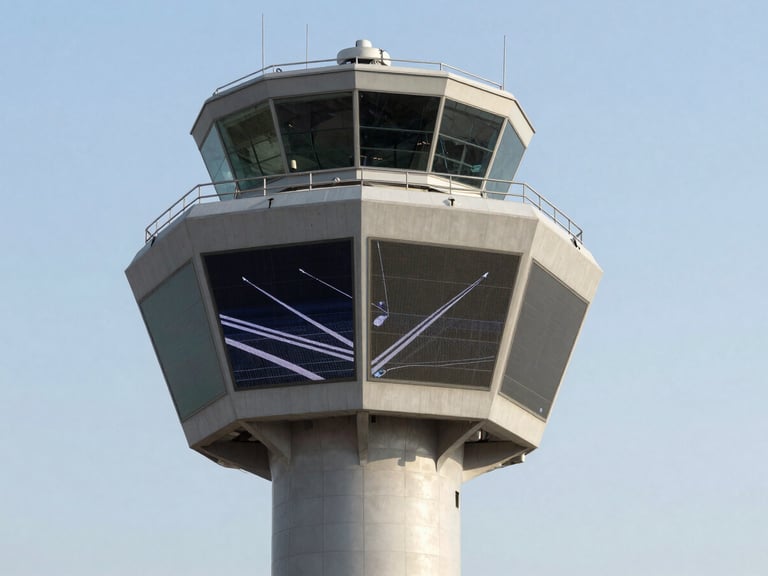 Abstract shot of an airport control tower against a clear sky, showing precise lines of flight paths on a digital screen, bright natural daylight, high-contrast neutral tones