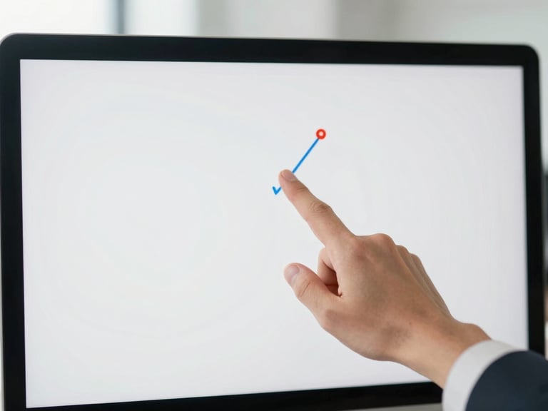 Close-up of a professional hand pointing to a flight route on a large, clean monitor screen in a modern office, bright natural daylight, high-contrast neutral tones