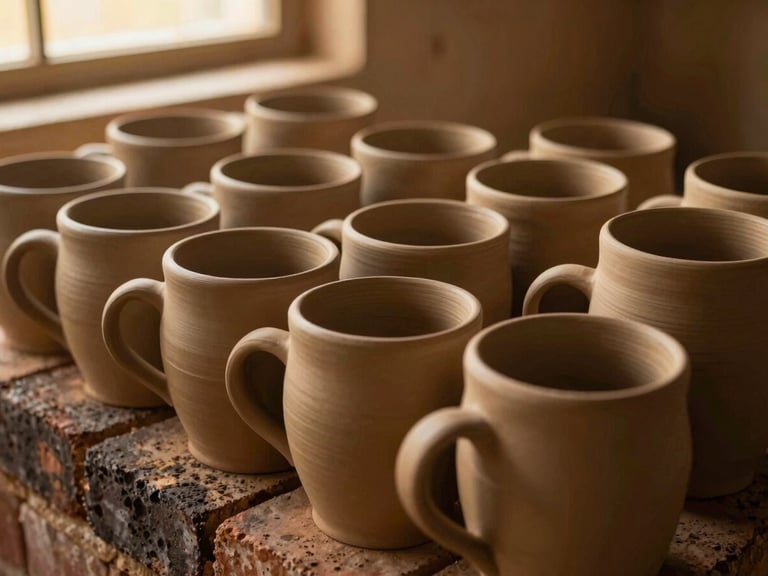 Row of unglazed, bone-dry clay mugs stacked inside a dark brick kiln, soft golden light illuminating the raw textures