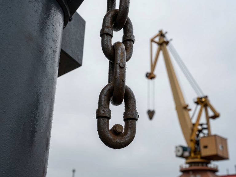Macro technical shot of heavy steel marine rigging, massive chains and industrial cranes, dramatic overcast daylight, high-contrast details.