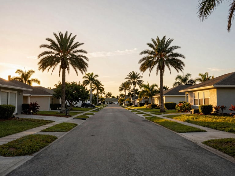 Wide environmental shot of a quiet Florida residential street during golden hour, palm trees, warm sunset light filtering through, authentic neighborhood feel.