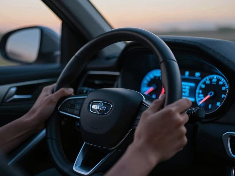 Close-up of a driver's hands on a leather steering wheel of a modern vehicle, glowing electric blue dashboard instruments, dusk light filtering through the windshield