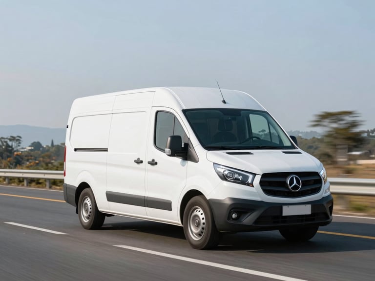 Wide environmental shot of a modern white corporate van driving on a clean Colombian highway during crisp morning light, professional framing, 35mm lens