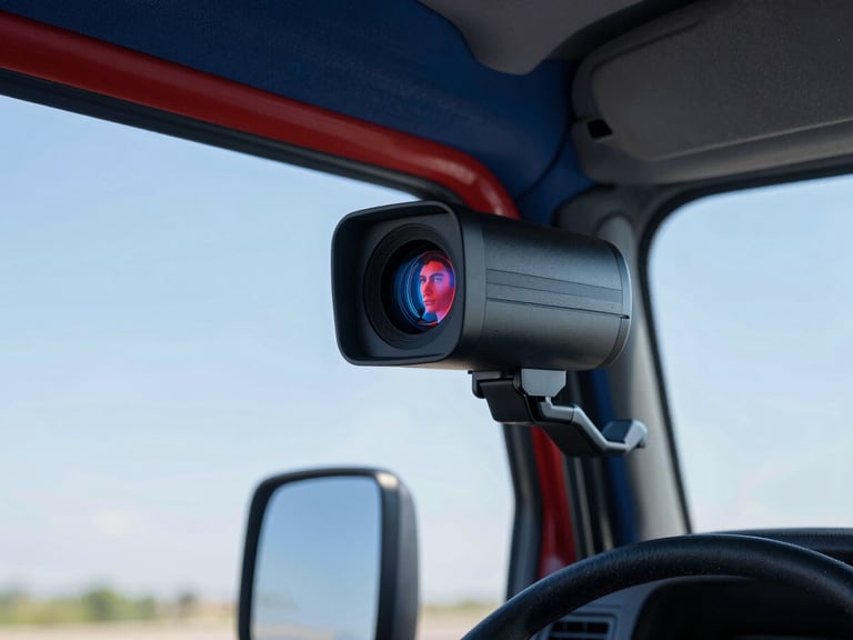 Close-up of a professional truck driver monitored by an infrared camera system inside a clean cabin, subtle red and blue tech overlays indicating facial scanning, crisp daylight, 35mm lens