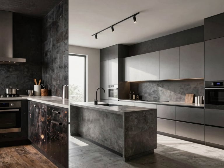 Split screen showing a dark, dated kitchen next to a completely remodeled minimalist kitchen with concrete countertops and premium steel finishes, sharp architectural lighting.