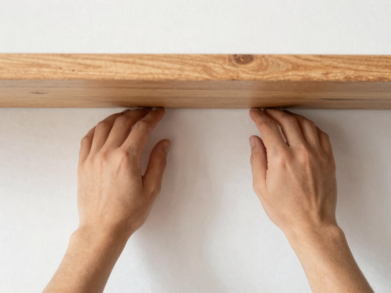 Straight-on close-up of a hand leveling a wooden shelf on a clean white wall, bright natural daylight, sharp focus, 50mm lens.