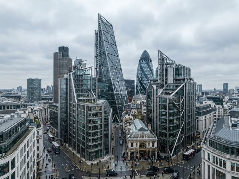 Wide-angle architectural shot of a modern financial center in London, cool diffused overcast daylight, desaturated steel and glass facade, sharp focus, 35mm