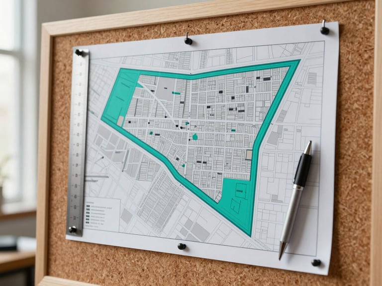 Close-up overhead shot of a city map printout pinned to a warehouse corkboard with a highlighted delivery zone boundary marked in teal marker, a ruler and pen beside it, bright natural window light