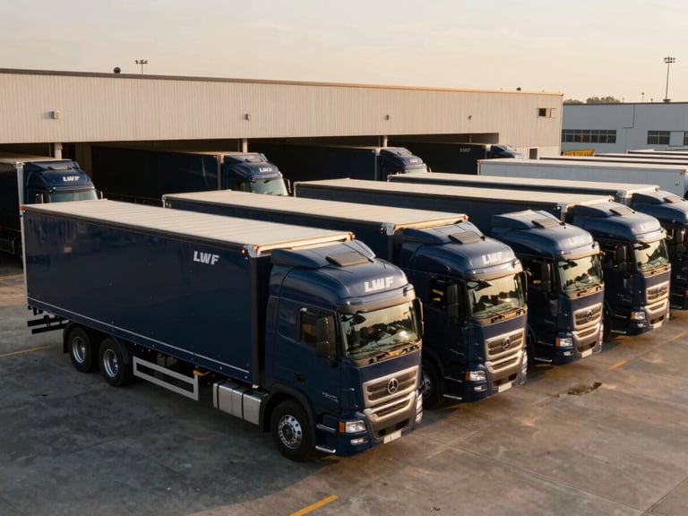 Wide panoramic shot of a modern logistics hub with several deep-navy LWF transport trucks parked in neat rows under cinematic golden hour light, 35mm.