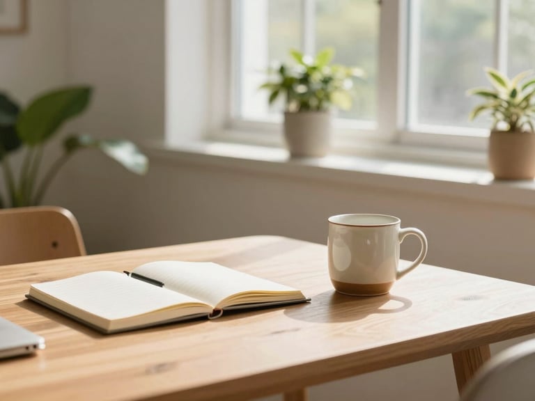 Cozy and bright home office corner, warm daylight streaming through a window, a clean wooden desk with a notebook and a ceramic mug, soft green plants in the background, warm editorial photography