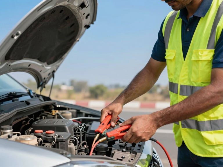 Technician jumpstarting a car battery on a roadside in Jaipur, clear daylight, focus on jumper cables and car engine, subtle yellow safety vest, 35mm lens