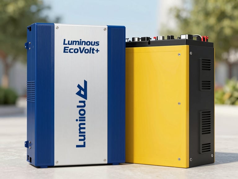 New Luminous EcoVolt+ inverter unit paired with a tall inverter battery, bright commercial photography, clean natural daylight, sharp focus, high-contrast blue and yellow tones, 35mm lens