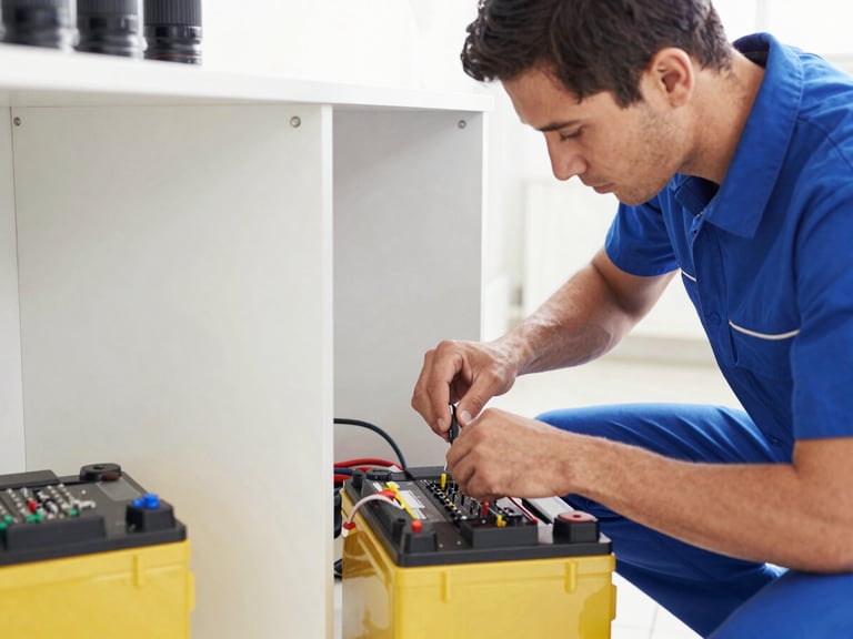 Professional technician installing a home inverter battery, bright workshop lighting, clean and organized setup, focus on hands and tools, 35mm lens
