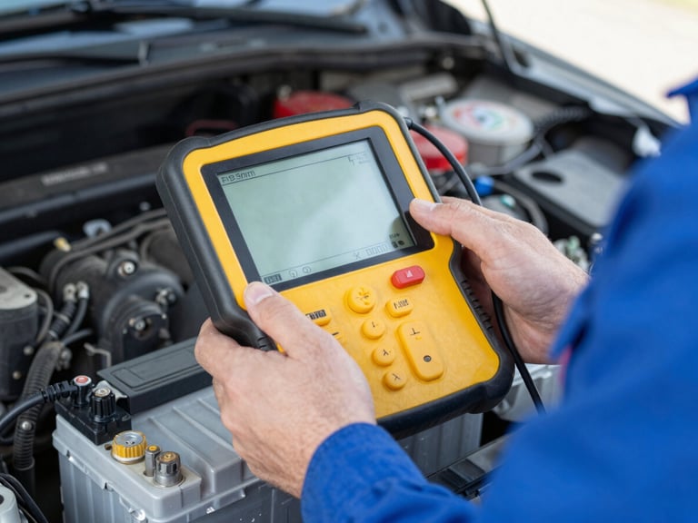 Technician using a diagnostic tool on a car battery, bright natural daylight, clear focus on the device screen and battery terminals, 35mm lens