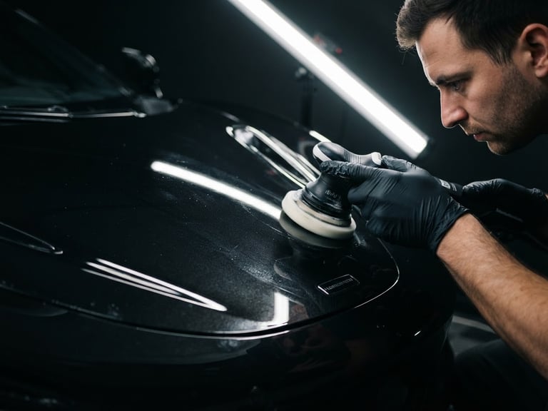 Close-up of a specialist correcting paint under sharp overhead LED inspection lights, showcasing a perfect reflection line on deep metallic black paint, 50mm lens