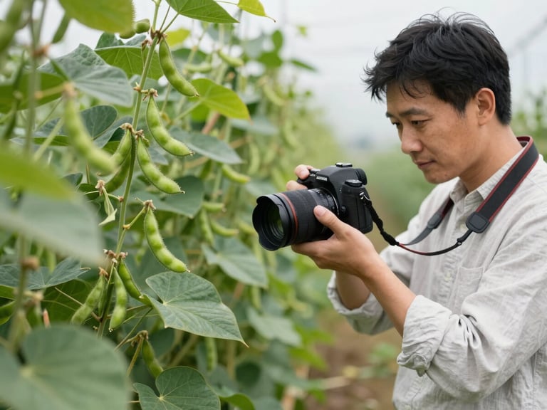 An agricultural marketing expert in a clean linen shirt holding a professional camera, filming vibrant green edamame pods on the vine under soft Scandinavian daylight, shallow depth of field.