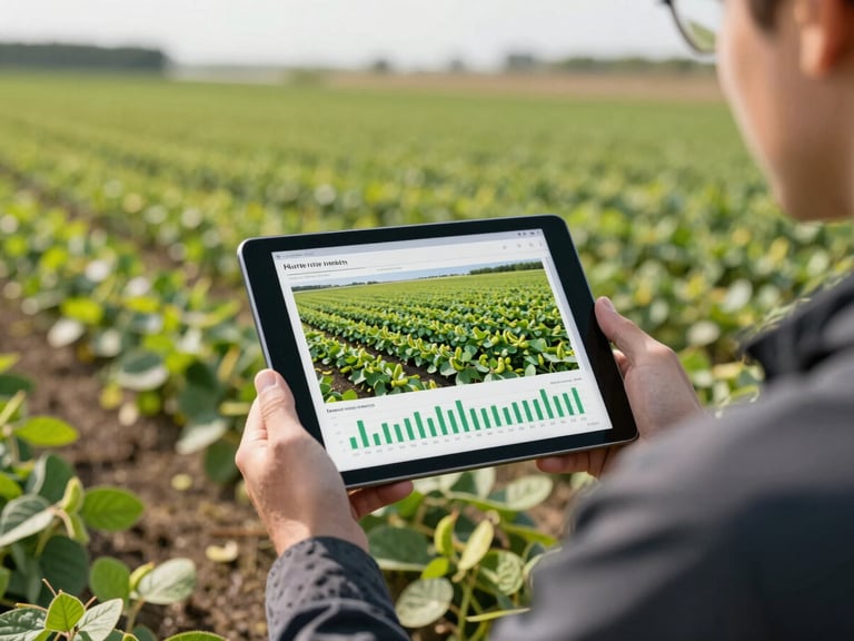 A digital tablet displaying crop health charts and high-resolution photos of green edamame fields, held by an agronomist standing in a sunny field.