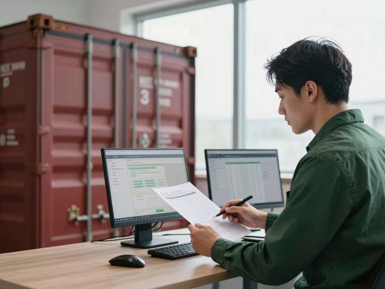 A logistics manager in a modern office reviewing shipping documents and digital container tracking screens under clean, natural window light.