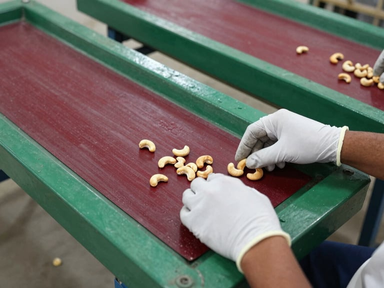 Overhead shot of clean cashew sorting tables in an Indian processing facility, hands in white gloves inspecting whole raw cashews under soft, bright natural light.