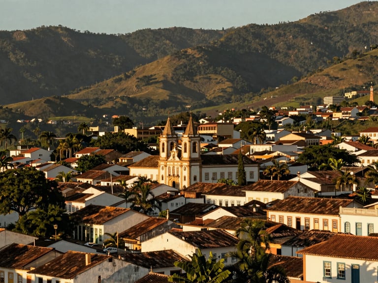 Wide panoramic shot of a historic Brazilian town nestled in green mountains, warm golden hour sunlight, architectural heritage, negative space, 35mm lens