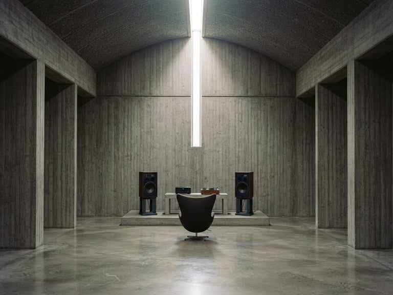 Empty brutalist listening sanctuary with single light shaft, symmetrical, diffused overcast morning light, 35mm film