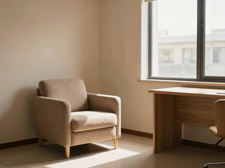 A serene empty consultation room, soft natural daylight streaming through a large window, warm sand-colored walls, a comfortable armchair, minimalist wooden desk, shallow depth of field, warm editorial photography