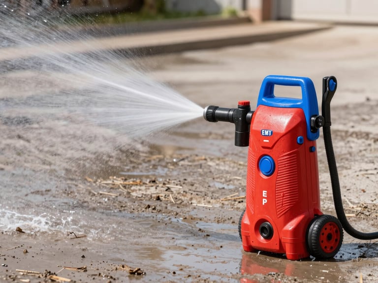 A red and blue EMTOP high-pressure washer spraying a powerful water jet onto a muddy driveway, water droplets suspended in mid-air, bright daylight