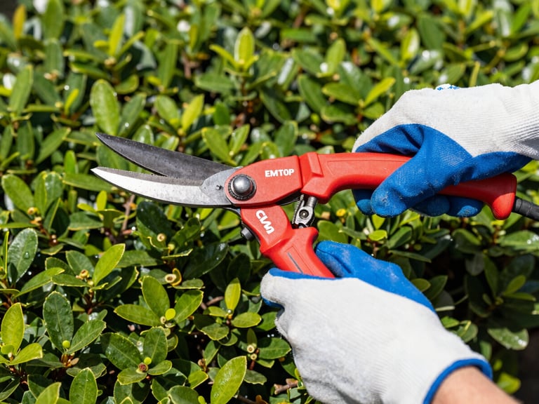 Hands in work gloves holding a red and blue EMTOP hedge shear, trimming a dense green hedge in bright daylight, sharp details