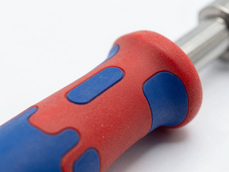Extreme macro crop of textured red and blue rubberized grips on a heavy-duty tool handle, bright high-contrast workshop daylight, steel shaft in background.