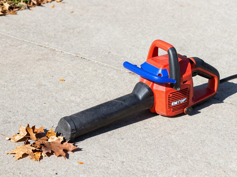 A red and blue EMTOP cordless leaf blower blowing dry autumn leaves off a concrete driveway, bright daylight, high contrast